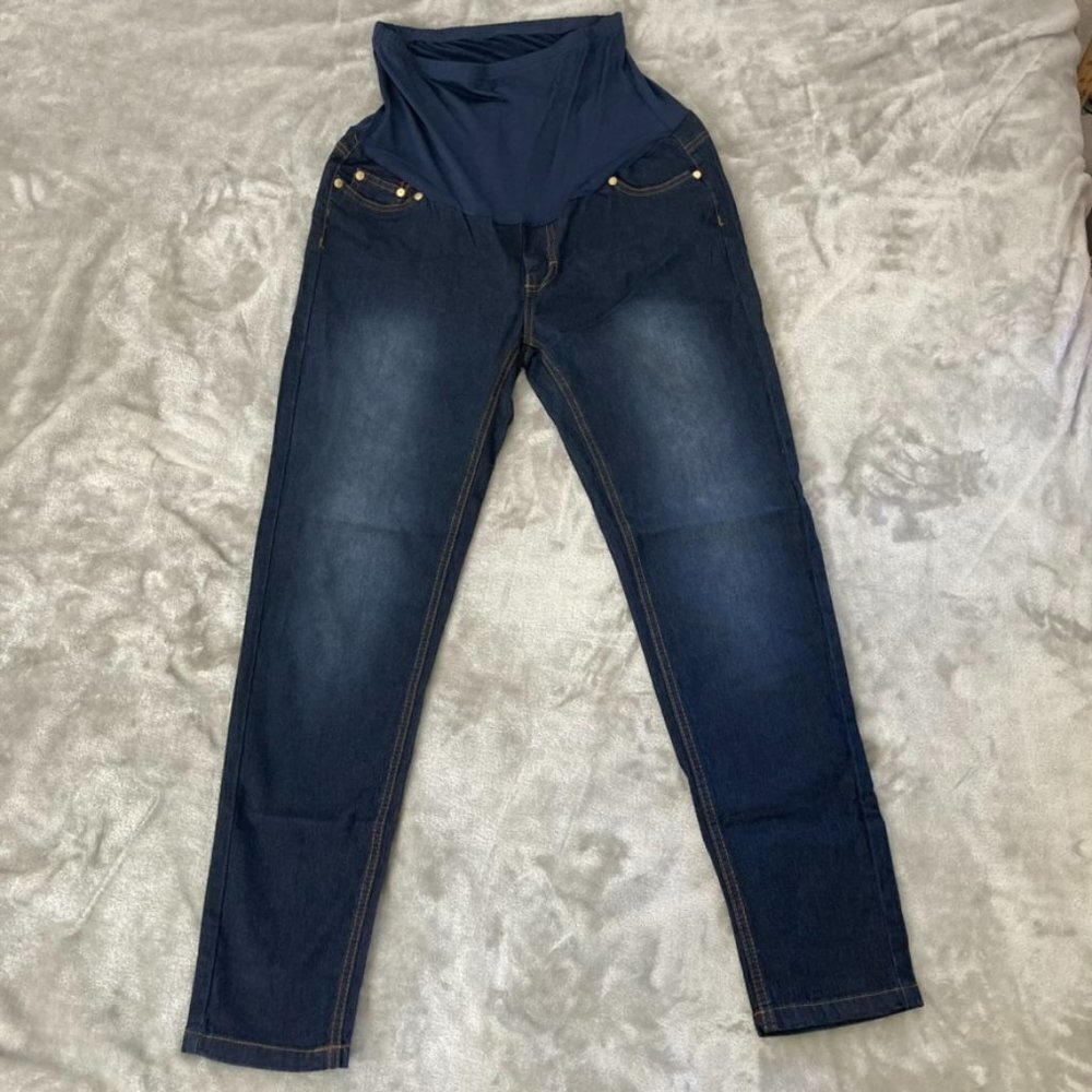 Oh! Mamma Dark Wash Over the Belly Maternity Jeans Stonewashed Front & Back Med